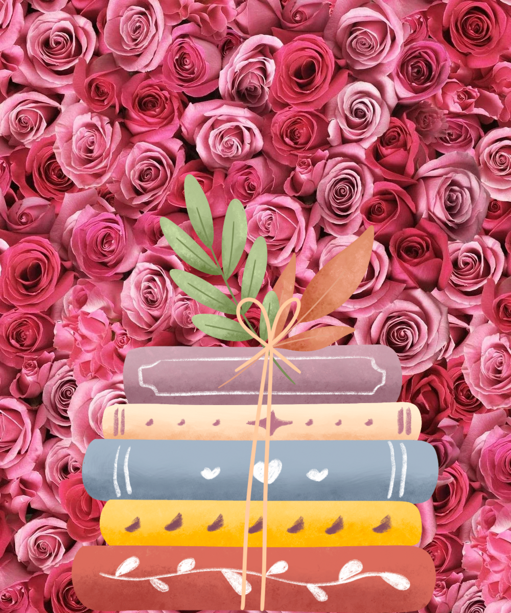 an illustration of five books stacked and showing their spines. they are tied together with twine and a couple leaves are tucked into the bow. the backdrop of the picture is a huge spread of roses in varying shades of pink.