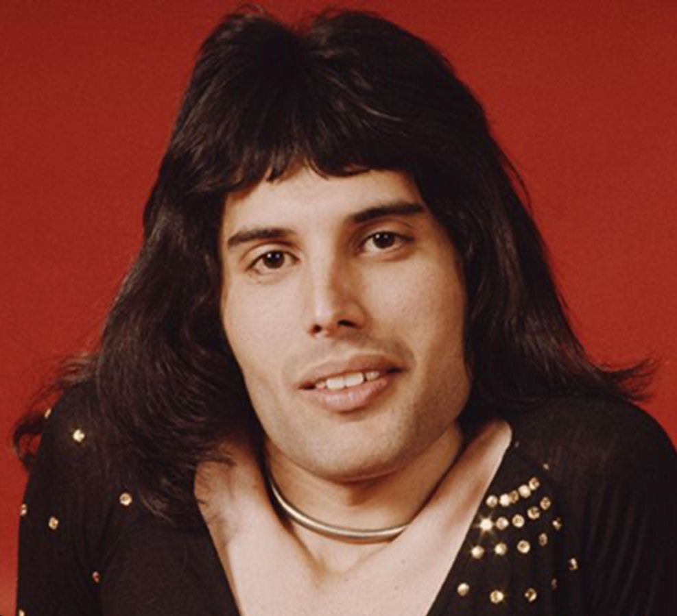 a long black-haired handsome Parsi man is giving a cryptic smile at the camera. he is wearing a thick silver necklace and a sequin spangled black jumpsuit. it is Freddie Mercury from the early 1970s.