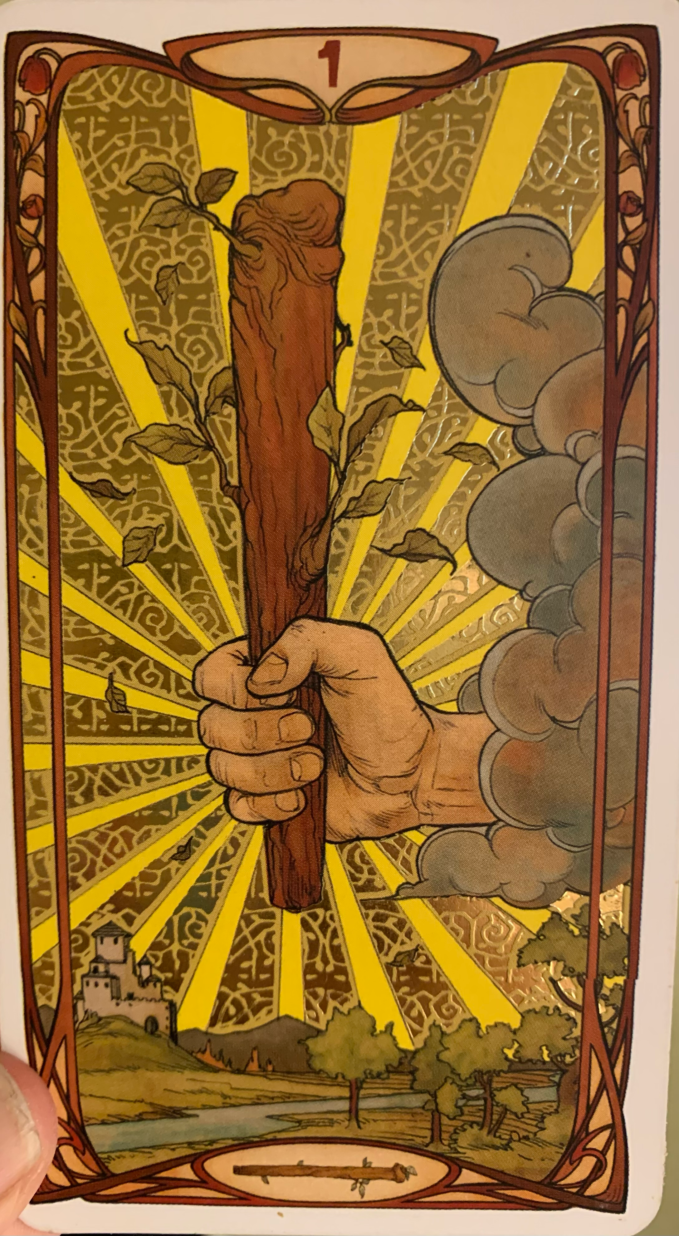 The Ace of Wands from the Golden Art Nouveau Tarot deck.